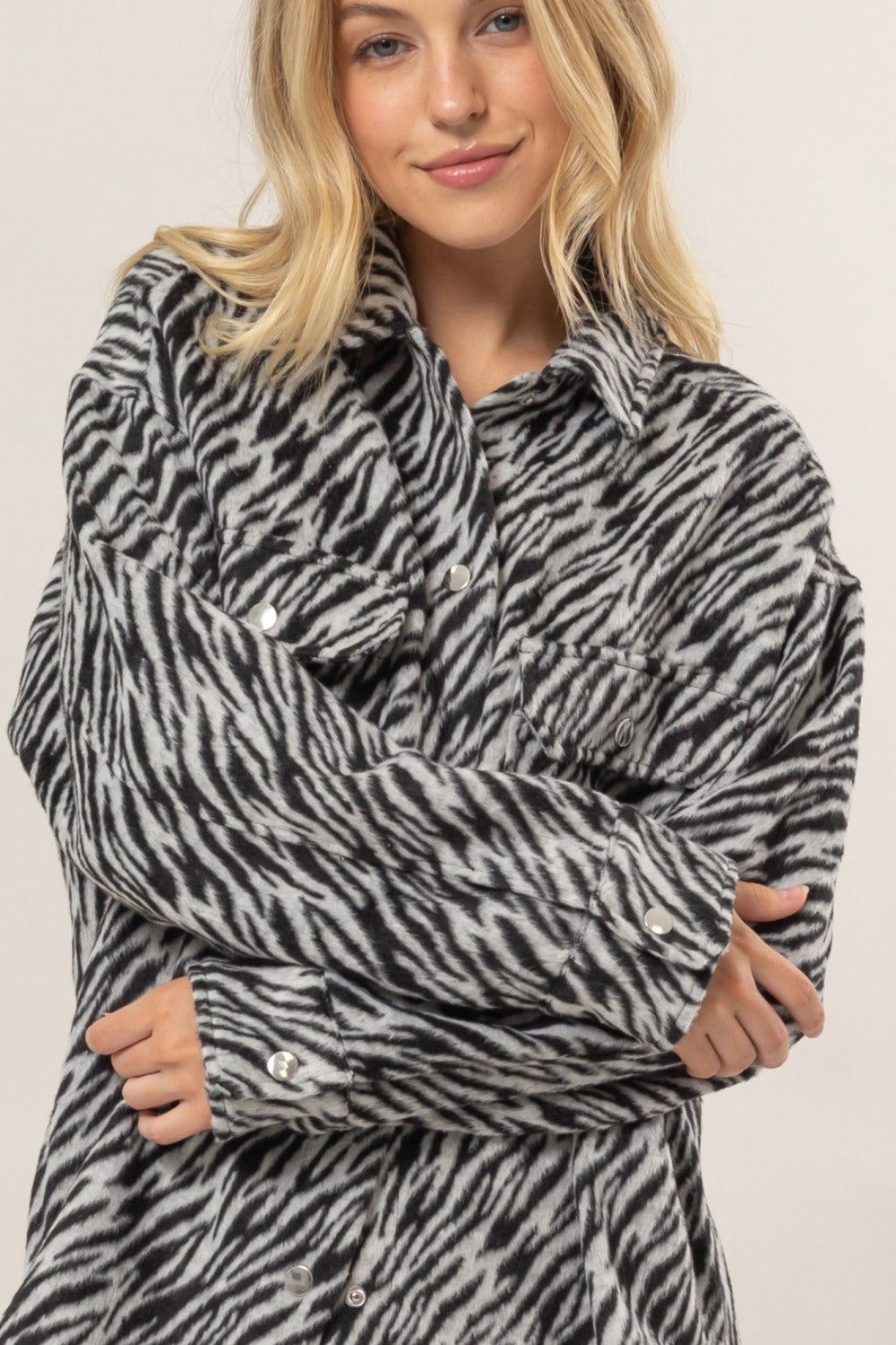 Blue Zone Planet | HYFVE Zebra Print Snap Down Long Sleeve Shacket-TOPS / DRESSES-[Adult]-[Female]-2022 Online Blue Zone Planet