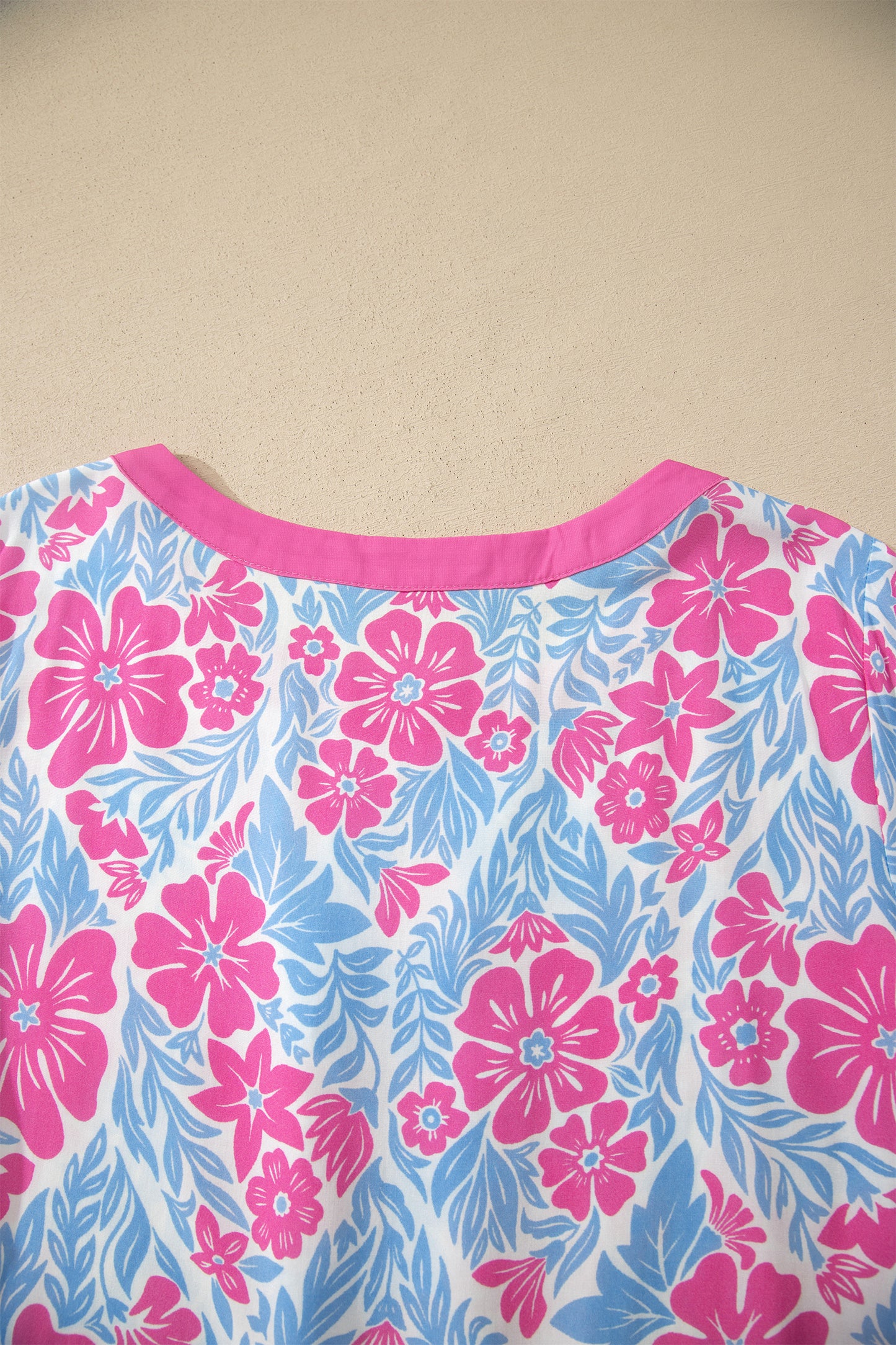 Rose Floral Print Ruffled Color Block Trim Half Sleeve Blouse-Tops/Blouses & Shirts-[Adult]-[Female]-2022 Online Blue Zone Planet