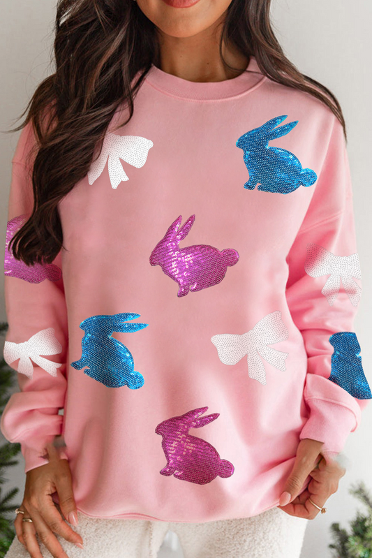 Pink Sequin Easter Bunny Bow Graphic Sweatshirt-Graphic Sweatshirts-[Adult]-[Female]-Pink-S-2022 Online Blue Zone Planet