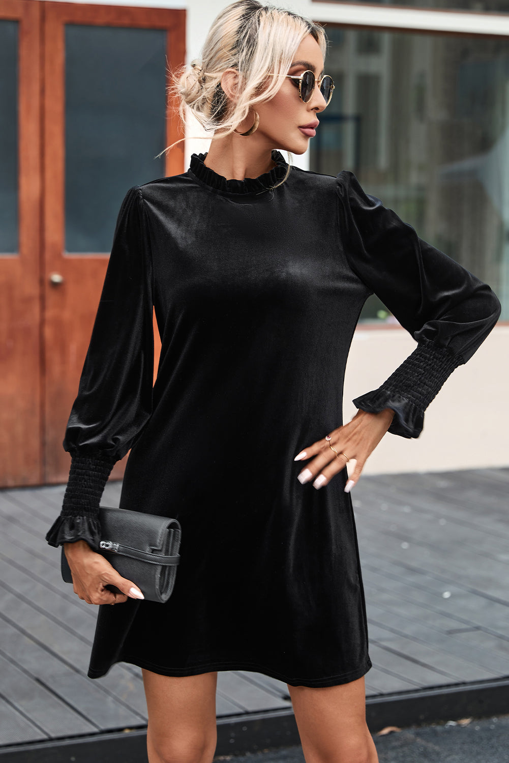 Blue Zone Planet | Black Velvet Frill Neck Long Sleeve Shift Dress-TOPS / DRESSES-[Adult]-[Female]-Black-S-2022 Online Blue Zone Planet