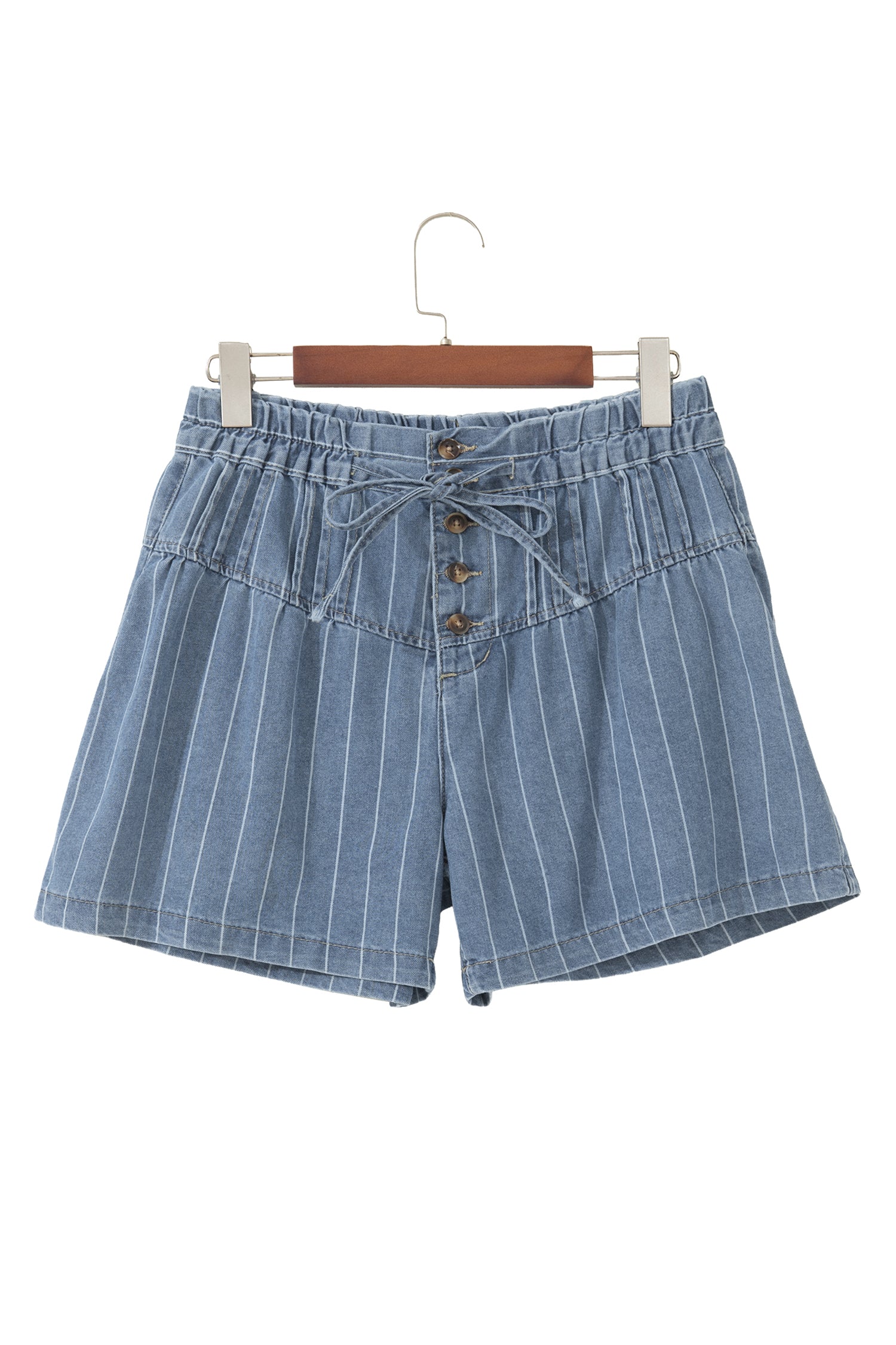 Sky Blue Stripe Drawstring Button Pleated High Waist Denim Shorts-Bottoms/Denim Shorts-[Adult]-[Female]-2022 Online Blue Zone Planet
