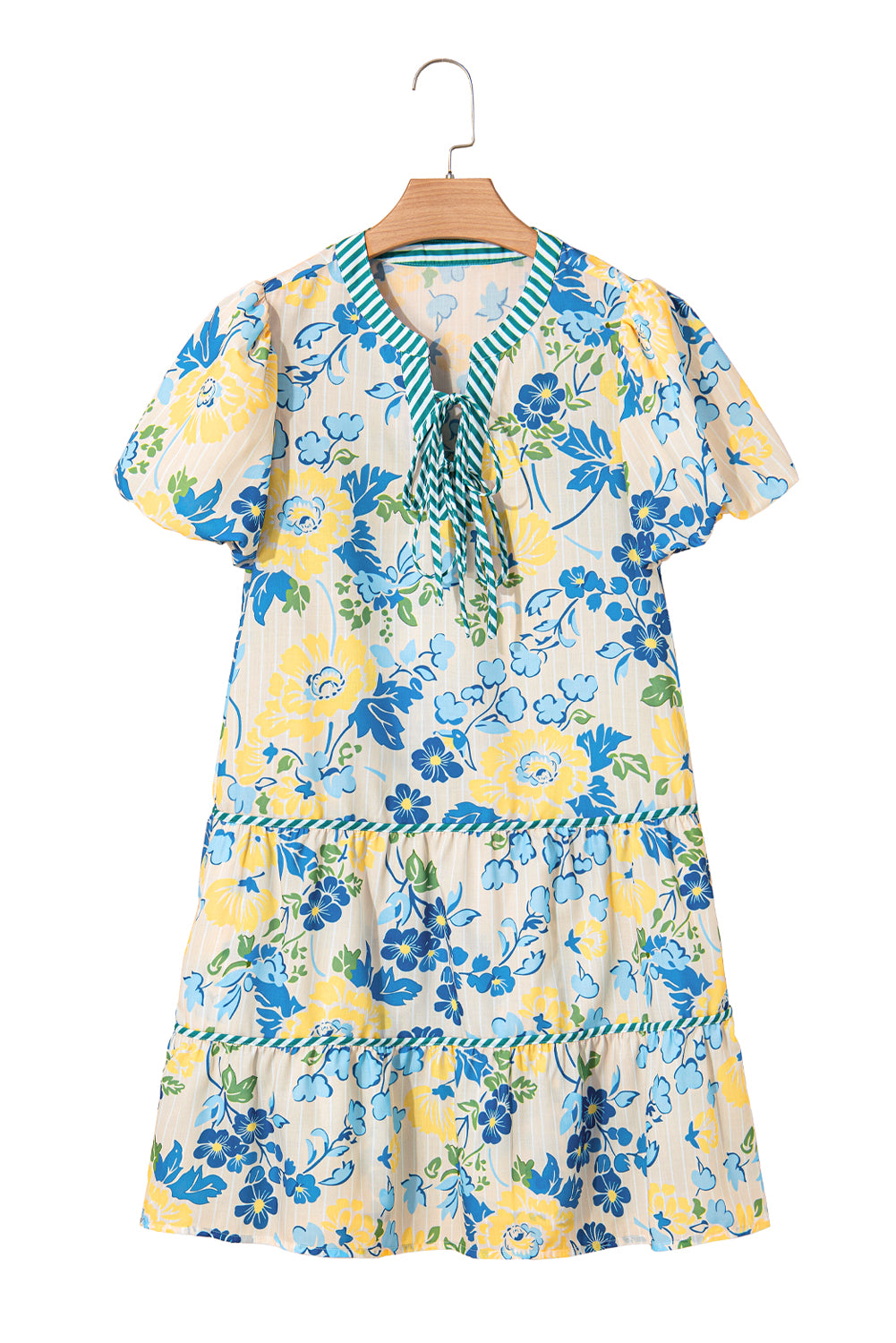Blue Floral Striped Trim Puff Short Sleeve Dress-TOPS / DRESSES-[Adult]-[Female]-2022 Online Blue Zone Planet