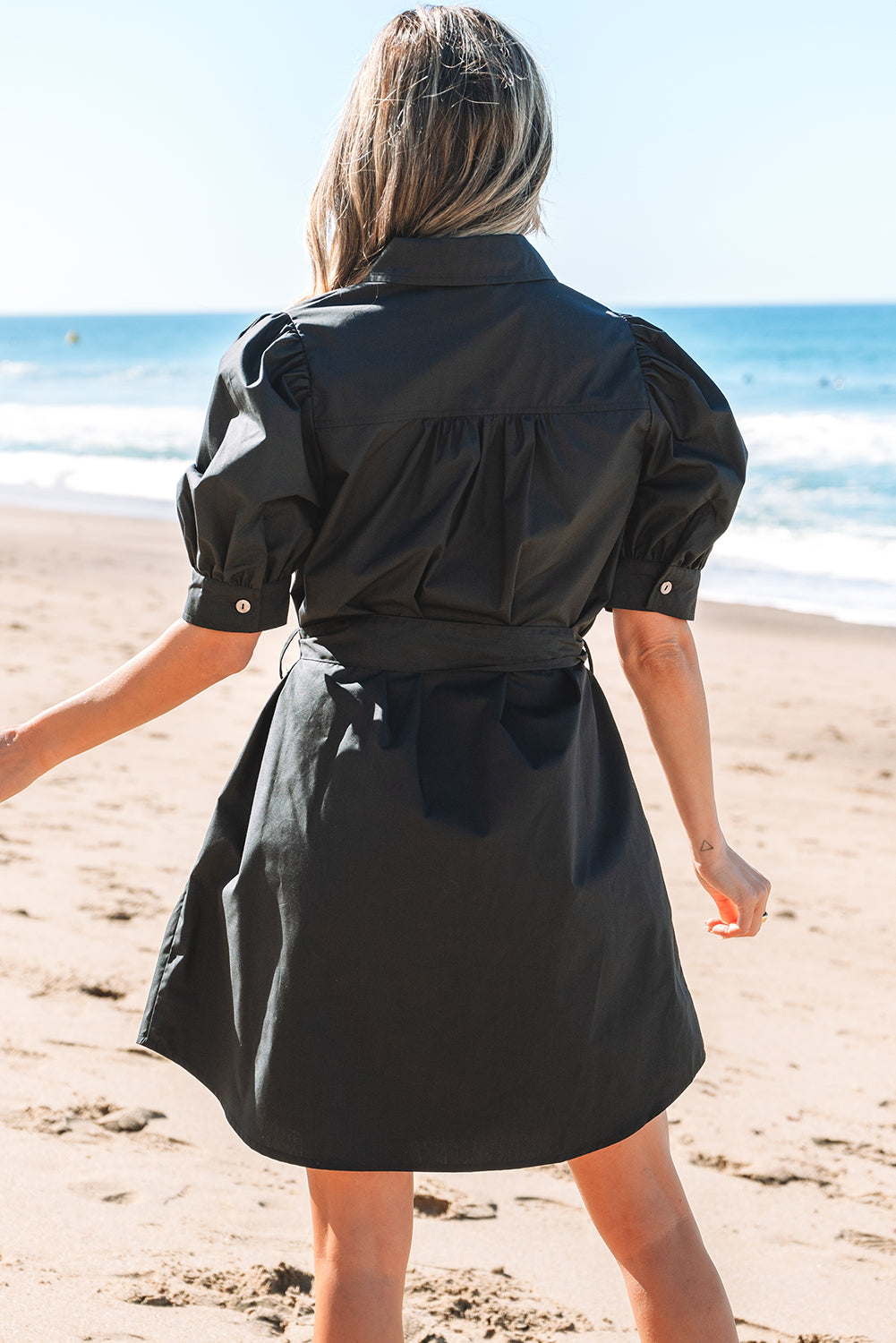 Black Button Up Tie Waist Puff Sleeve Mini Dress-Dresses/Mini Dresses-[Adult]-[Female]-2022 Online Blue Zone Planet