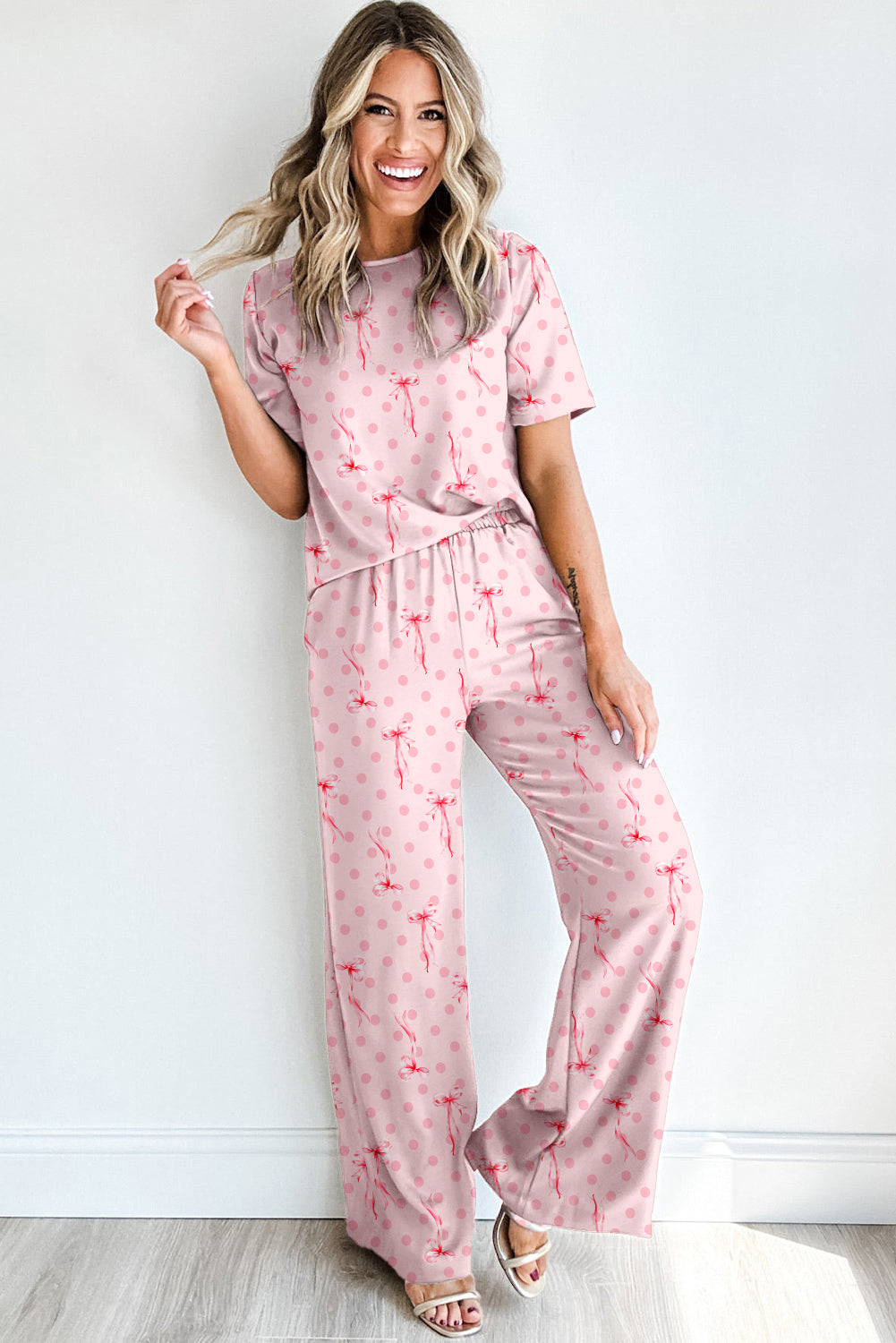 Pink Bow Knot Polka Dot Print Short Sleeve Top Lounge Set-Loungewear & Sleepwear/Loungewear-[Adult]-[Female]-2022 Online Blue Zone Planet
