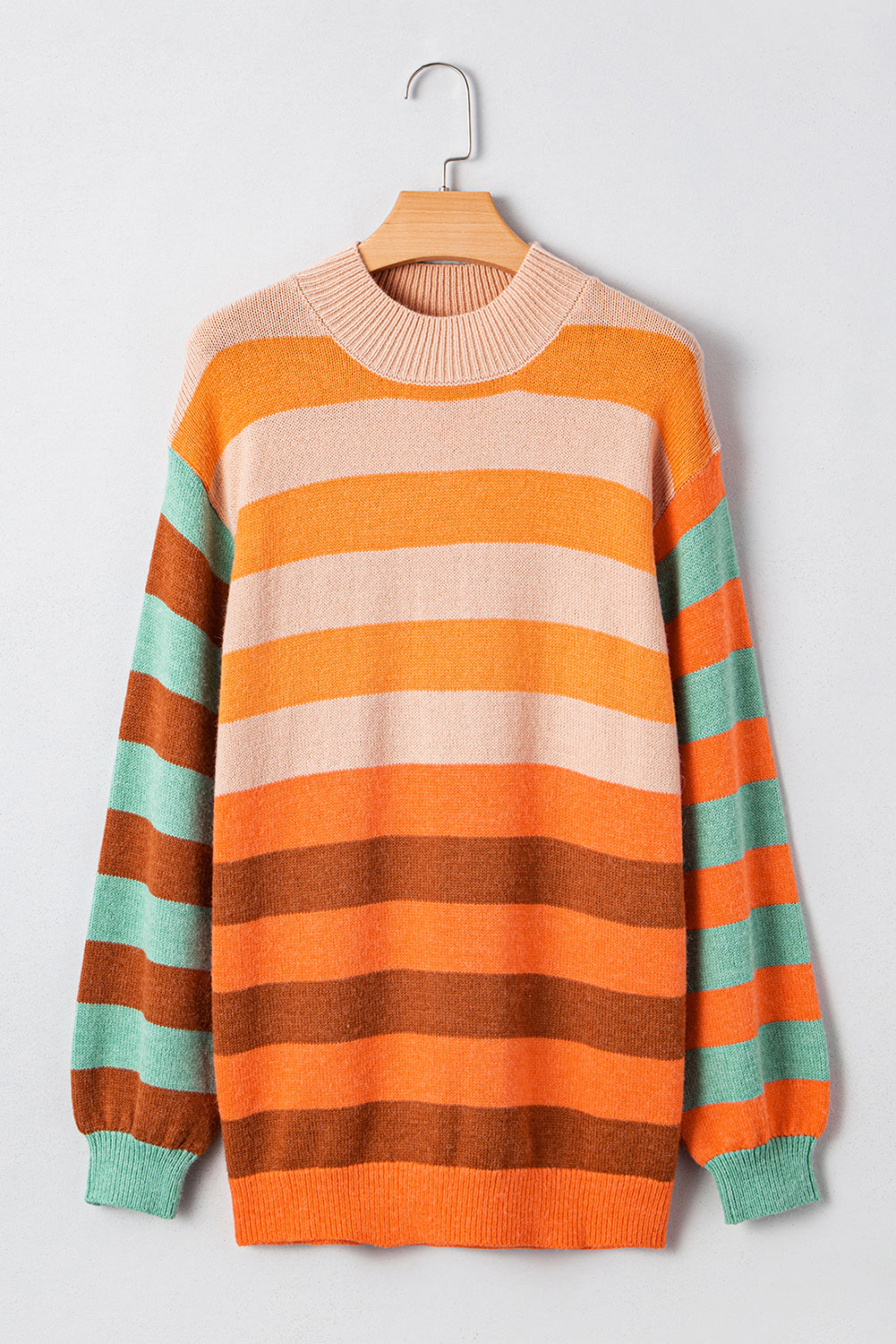 Orange Stripe Color Block High Neck Drop Shoulder Cozy Sweater-Sweaters & Cardigans/Sweaters-[Adult]-[Female]-2022 Online Blue Zone Planet
