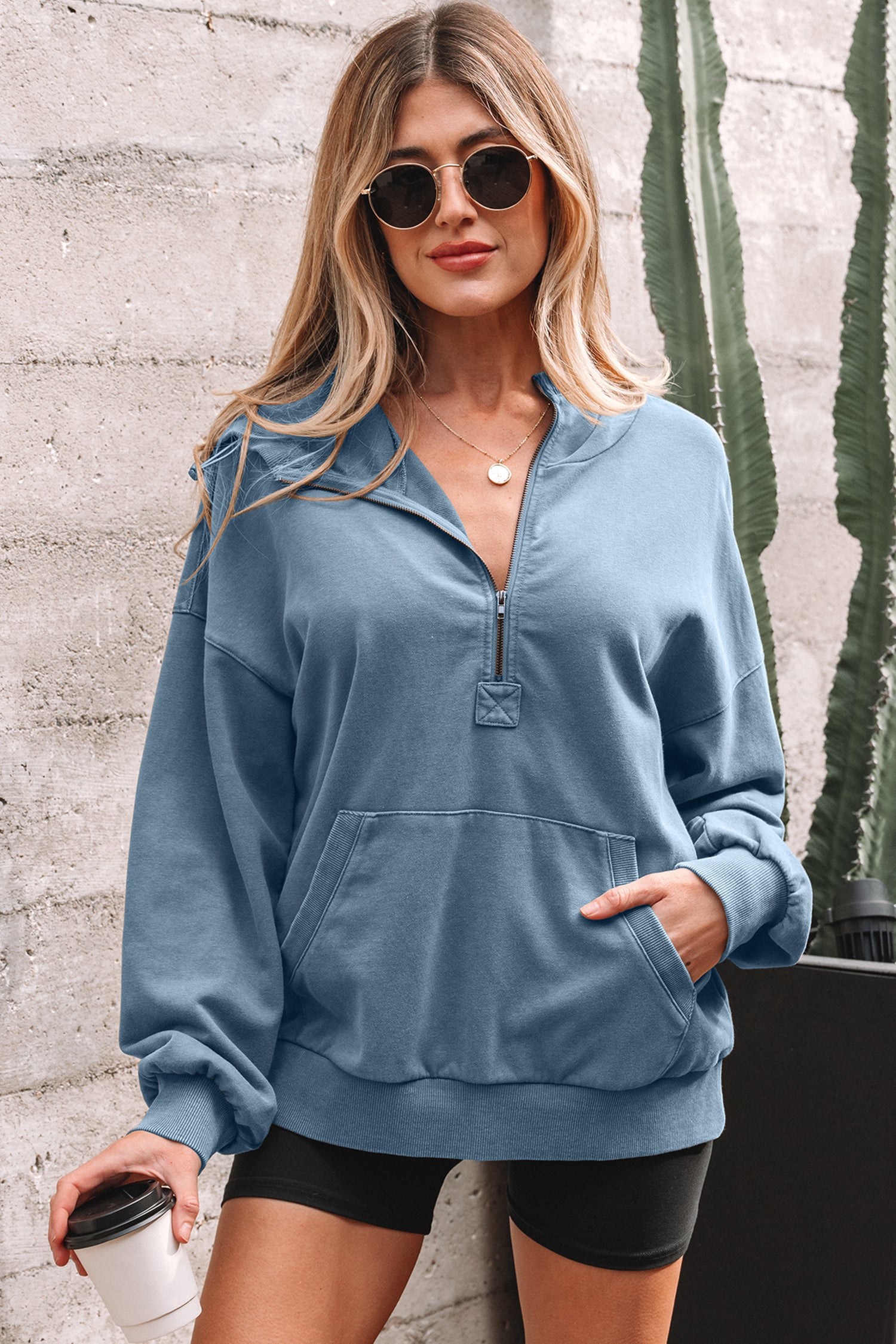Ashleigh Blue Half Zip Kangaroo Pocket Mineral Wash Baggy Hoodie-Tops / Dresses-[Adult]-[Female]-2022 Online Blue Zone Planet