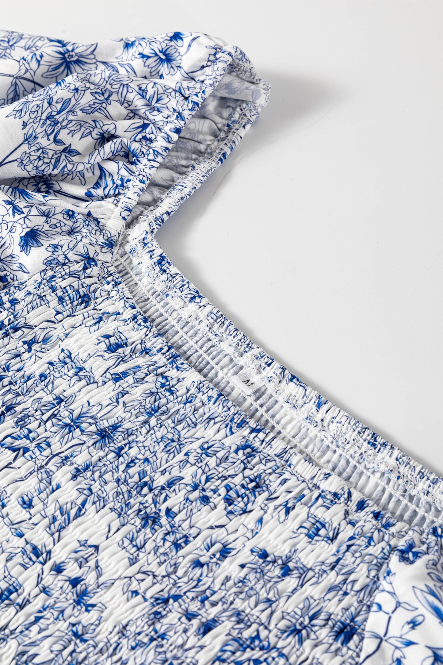 Sky Blue Floral Print Square Neck Ruffled Sleeve Shirred Babydoll Blouse-Tops/Blouses & Shirts-[Adult]-[Female]-2022 Online Blue Zone Planet