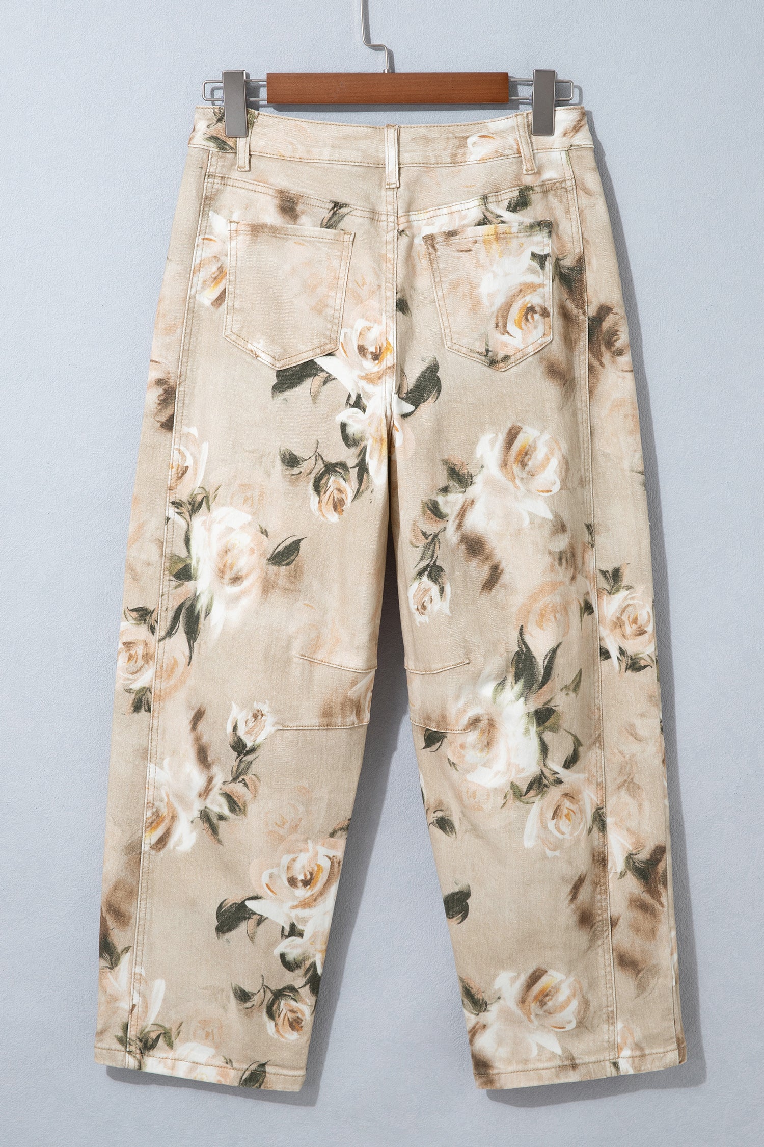 Khaki Retro Floral Print Relaxed Barrel Jeans-Bottoms/Jeans-[Adult]-[Female]-2022 Online Blue Zone Planet
