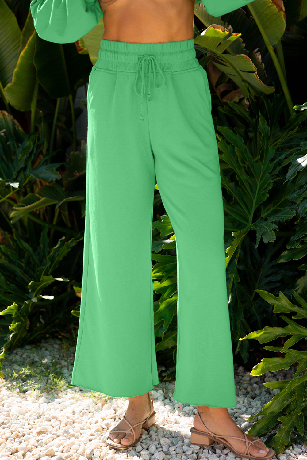 Bright Green Drop Shoulder Puff Sleeve Crop Pullover Drawstring Wide Leg Pants Set-Two Piece Sets/Pant Sets-[Adult]-[Female]-2022 Online Blue Zone Planet