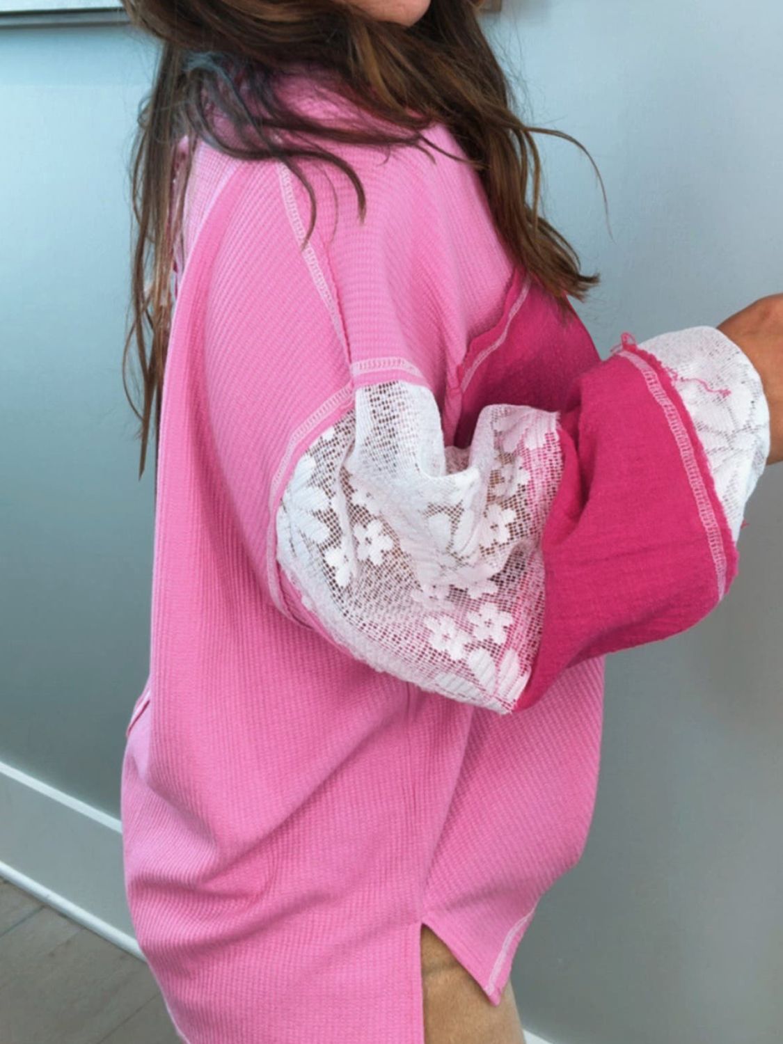 Lace Patchwork Sleeve Stitching V Neck Top-TOPS / DRESSES-[Adult]-[Female]-2022 Online Blue Zone Planet