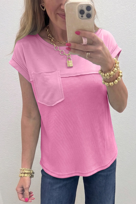 Pink Solid Color Raw Seam Waffled Patchwork Casual T Shirt-Tops/Tops & Tees-[Adult]-[Female]-Pink-S-2022 Online Blue Zone Planet