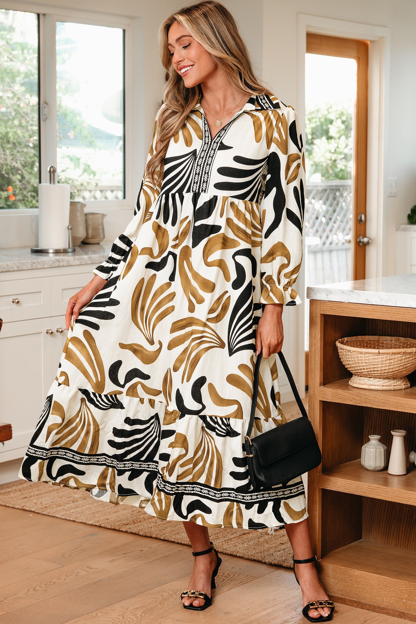 Brown Tropical Printed Contrast Trim Neck Long Sleeve Ruffle Hem Dress-TOPS / DRESSES-[Adult]-[Female]-2022 Online Blue Zone Planet