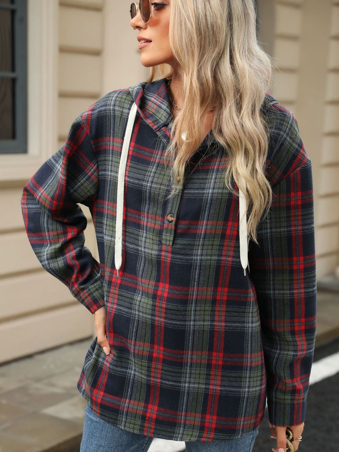 Blue Zone Planet | Drawstring Plaid Hooded Long Sleeve Top-TOPS / DRESSES-[Adult]-[Female]-2022 Online Blue Zone Planet