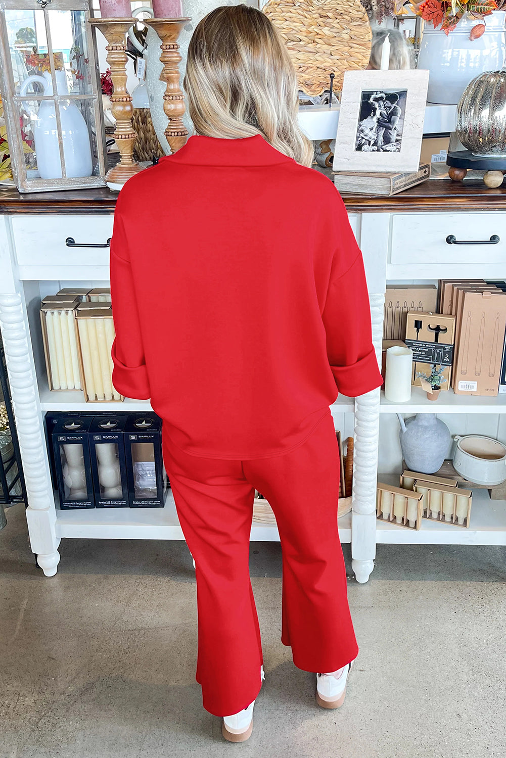 Fiery Red Polo Collar V Neck 3/4 Sleeve Pullover Drawstring Bell Bottom Pants 2pcs Set-Two Piece Sets/Pant Sets-[Adult]-[Female]-Fiery Red-S-2022 Online Blue Zone Planet