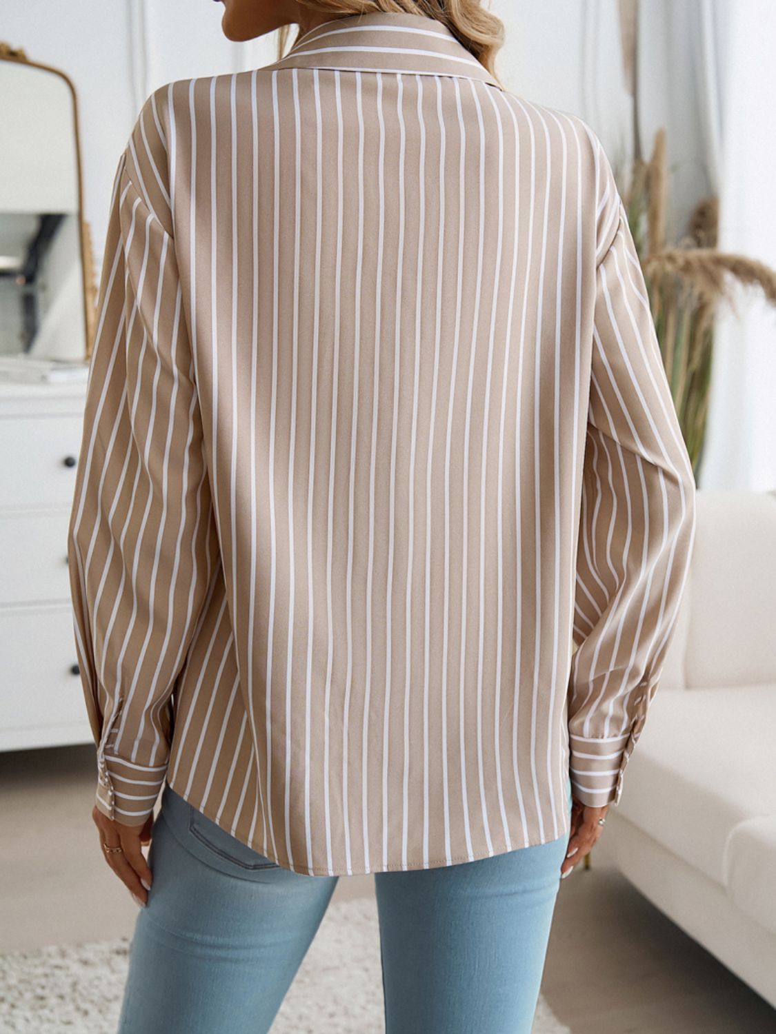 Devine Striped Collared Neck Long Sleeve Shirt-TOPS / DRESSES-[Adult]-[Female]-2022 Online Blue Zone Planet