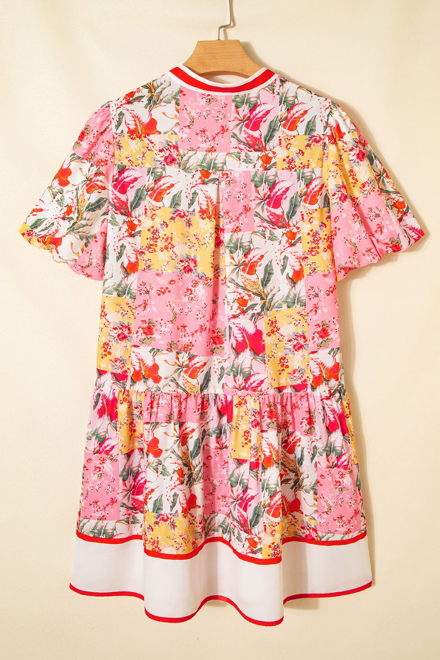 Pink Color Block Floral Print Contrast Trim V Neck Ruffle Hem Mini Dress-TOPS / DRESSES-[Adult]-[Female]-2022 Online Blue Zone Planet