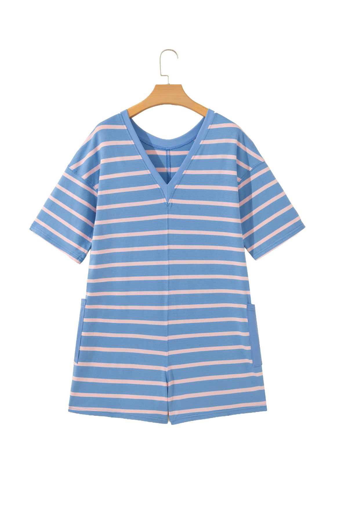 Sky Blue Stripe V Neck Short Sleeve Double Wear Loose Romper-Bottoms/Jumpsuits & Rompers-[Adult]-[Female]-2022 Online Blue Zone Planet