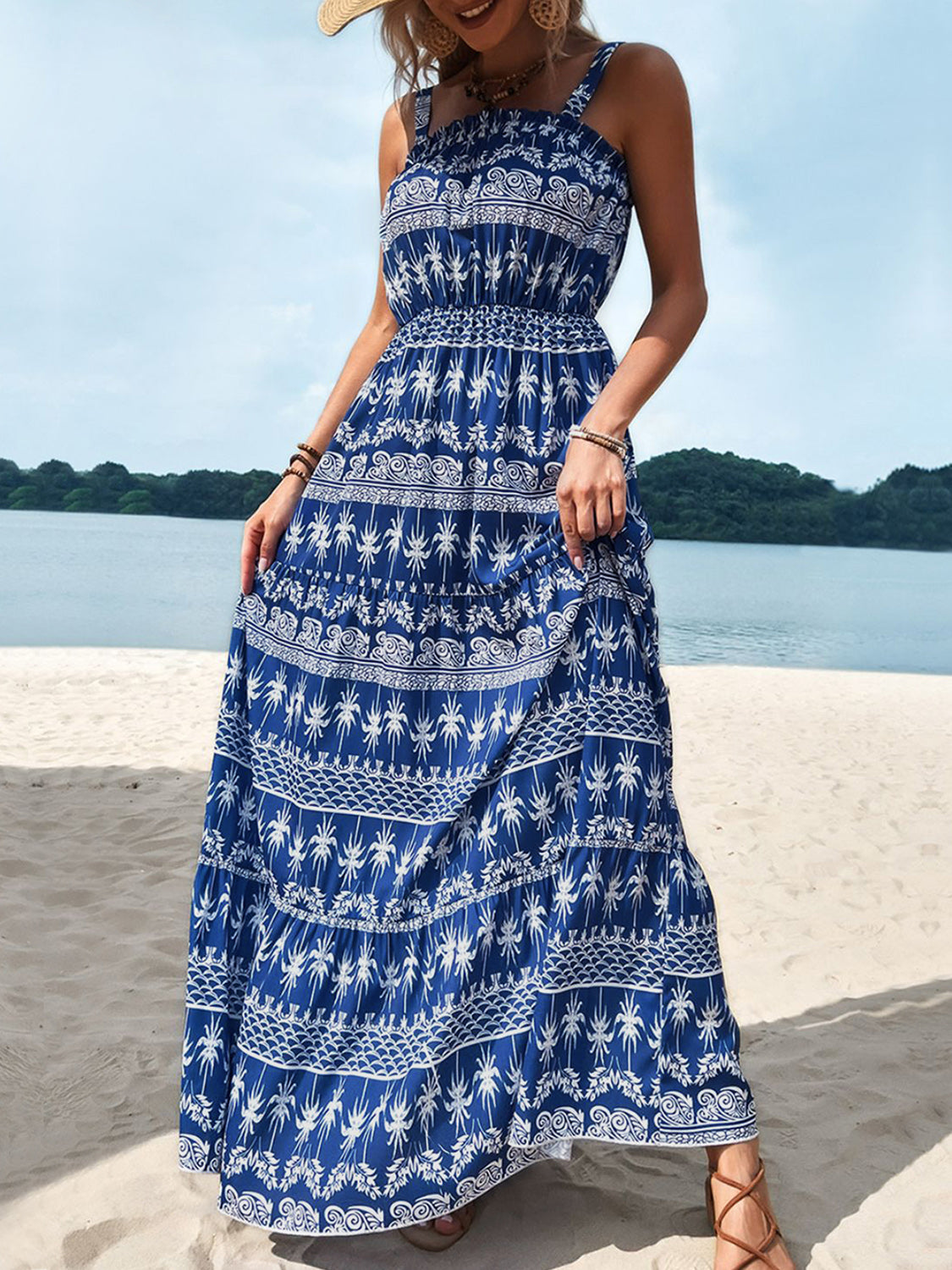 Printed Square Neck Sleeveless Maxi Dress-TOPS / DRESSES-[Adult]-[Female]-Blue-S-2022 Online Blue Zone Planet