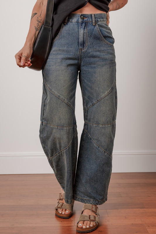 Sail Blue Exposed Stitching Loose Straight High Waist Jeans-Bottoms/Jeans-[Adult]-[Female]-Sail Blue-4-2022 Online Blue Zone Planet