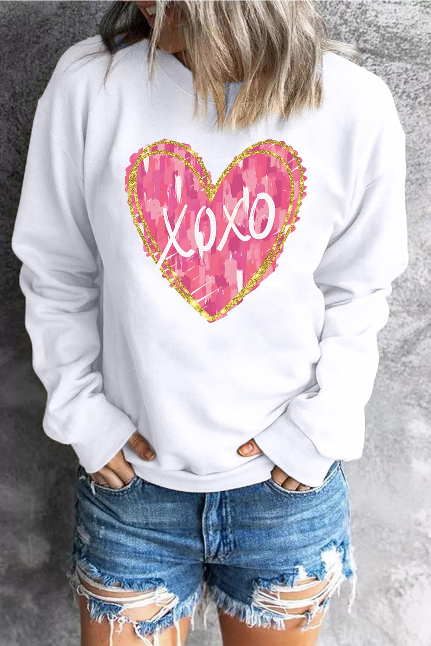 White xoxo Glitter Trim Brushstroke Heart Printed Pullover Sweatshirt-Graphic Sweatshirts-[Adult]-[Female]-2022 Online Blue Zone Planet
