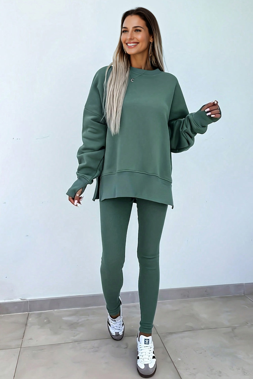 Green Bay Solid Color Oversize Slit Sweatshirt Ribbed Leggings 2pcs Set-Two Piece Sets/Pant Sets-[Adult]-[Female]-2022 Online Blue Zone Planet