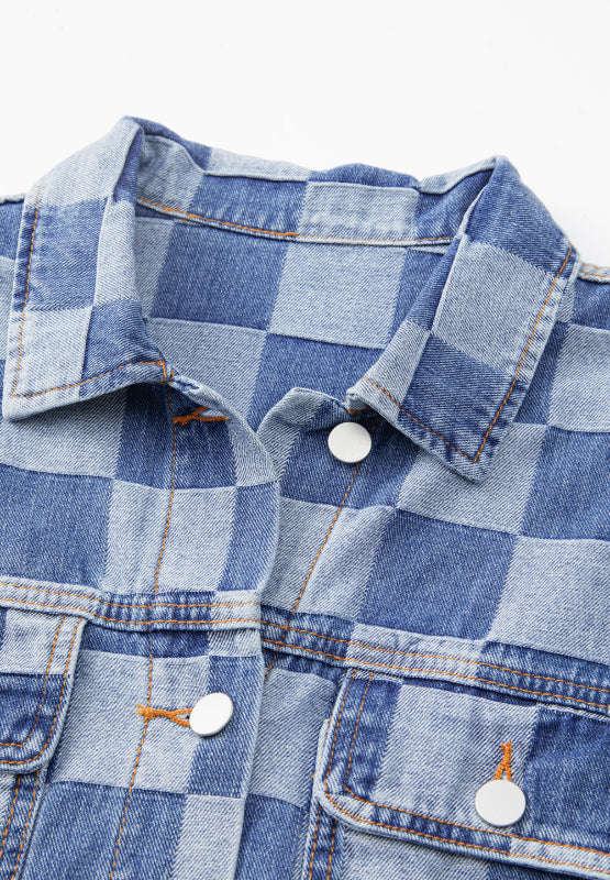 Checkered Button Up Denim Jacket-TOPS / DRESSES-[Adult]-[Female]-2022 Online Blue Zone Planet