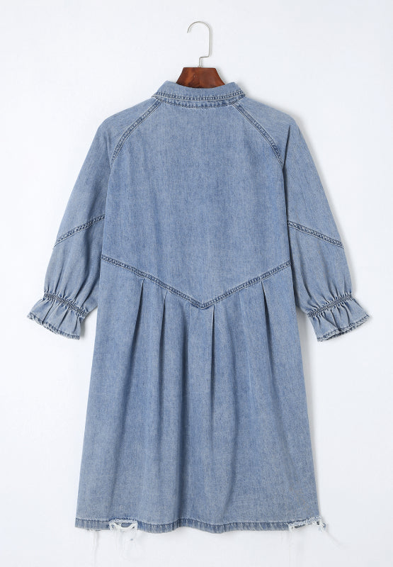 Blue Zone Planet | Distressed Collared Neck Flounce Sleeve Denim Dress-TOPS / DRESSES-[Adult]-[Female]-2022 Online Blue Zone Planet