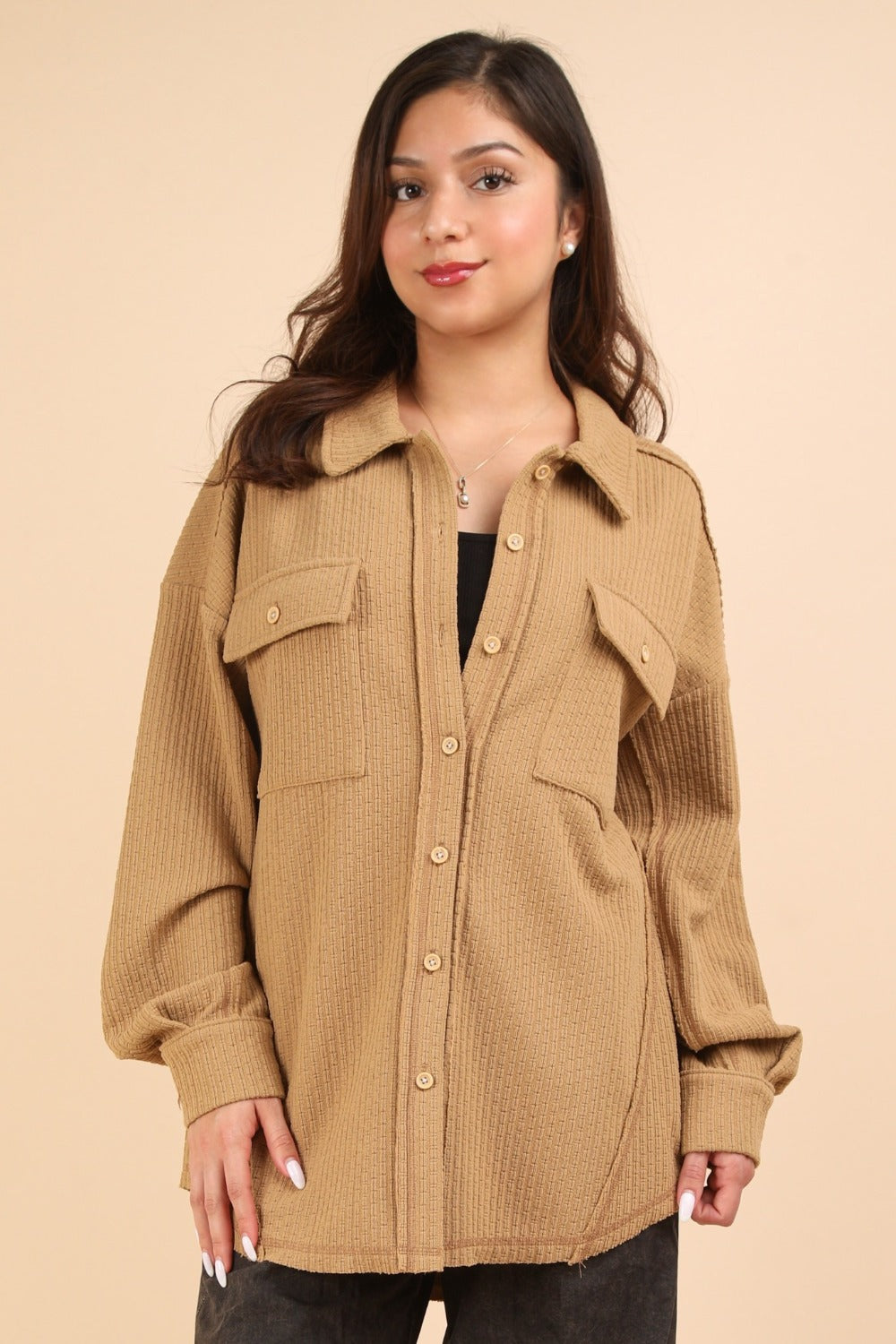 VERY J Button Down Textured Knit Shacket-TOPS / DRESSES-[Adult]-[Female]-Mocha-S-2022 Online Blue Zone Planet