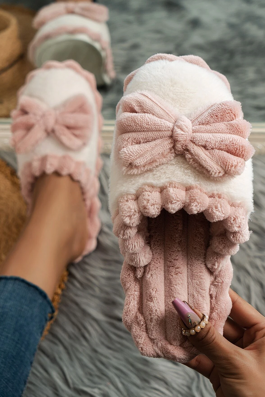 Fushia Bow Decor Color Block Ribbed Plush Slippers-Shoes & Bags/Slippers-[Adult]-[Female]-Fushia-37-2022 Online Blue Zone Planet