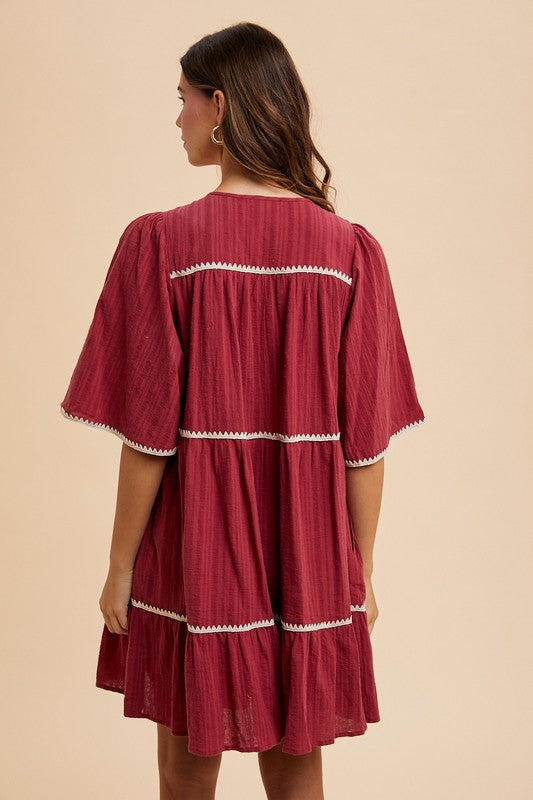 Annie Wear Tassel Contrast Trim Tie Neck Half Sleeve Tiered Dress-TOPS / DRESSES-[Adult]-[Female]-2022 Online Blue Zone Planet