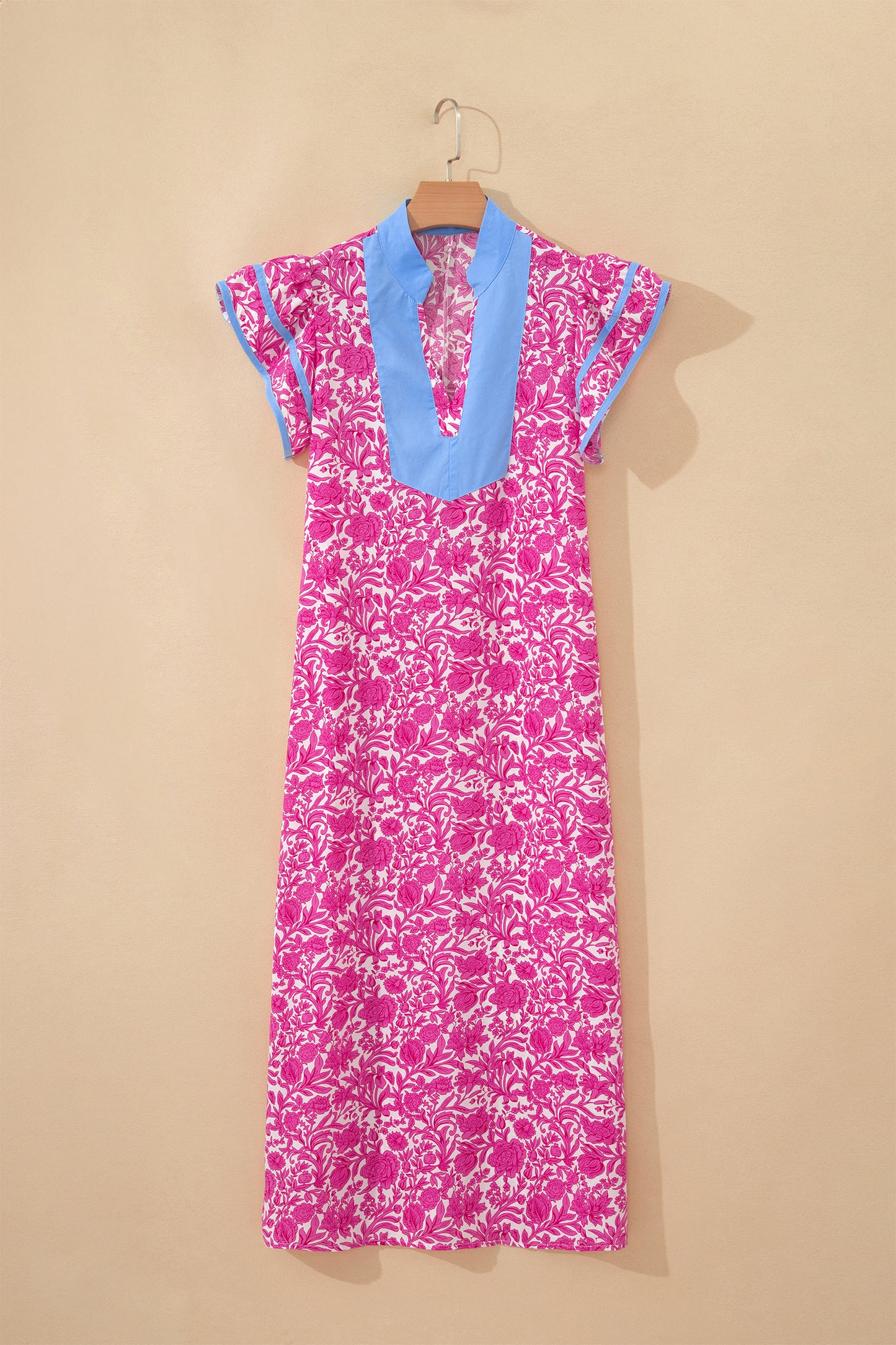 Pink Floral Print Color Block Patchwork V Neck Short Sleeve Midi Dress-TOPS / DRESSES-[Adult]-[Female]-2022 Online Blue Zone Planet