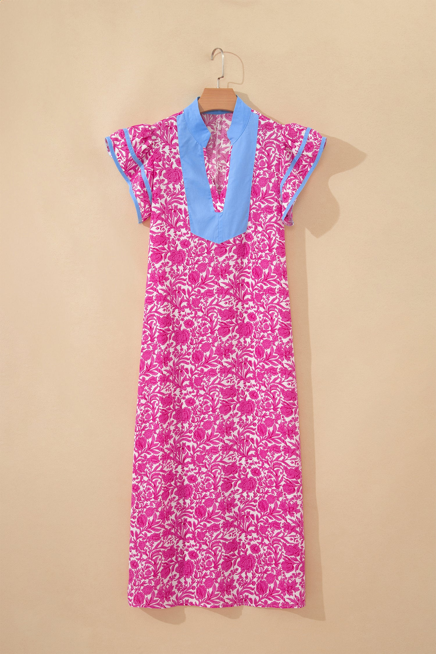 Pink Floral Print Color Block Patchwork V Neck Short Sleeve Midi Dress-TOPS / DRESSES-[Adult]-[Female]-2022 Online Blue Zone Planet