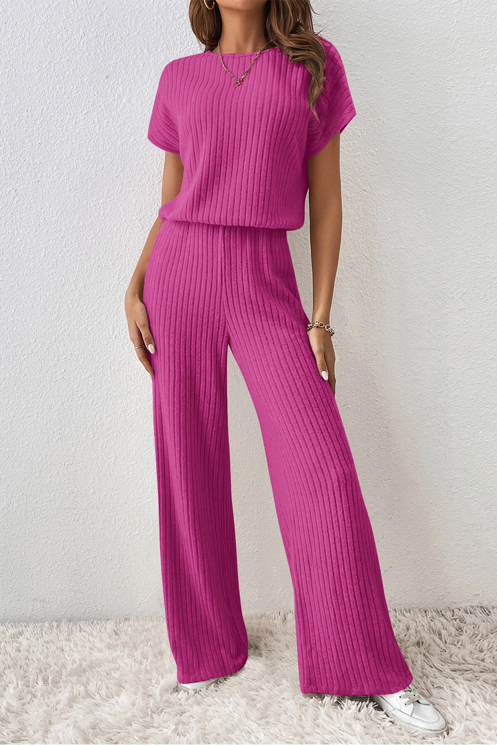 Rose Red Solid Color Ribbed Short Sleeve Wide Leg Jumpsuit Blue Zone Planet