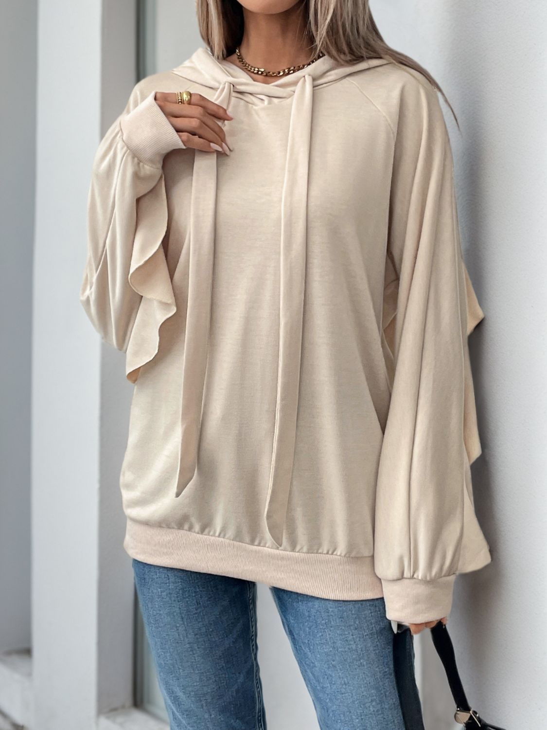 Perfee Drawstring Ruffled Long Sleeve Hoodie-TOPS / DRESSES-[Adult]-[Female]-2022 Online Blue Zone Planet