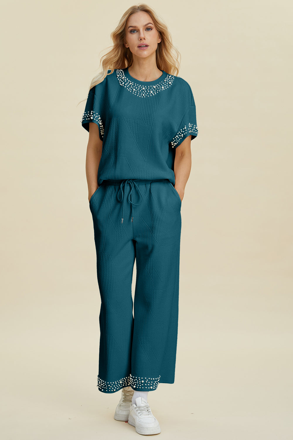 Blue Zone Planet | Double Take Full Size Pearl Detail Round Neck Top and Pants Set-TOPS / DRESSES-[Adult]-[Female]-2022 Online Blue Zone Planet