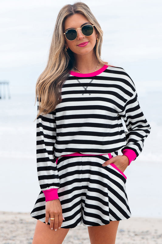 Black Stripe Contrast Ribbed Banding Long Sleeve Blouse Loose Shorts Set-Two Piece Sets/Short Sets-[Adult]-[Female]-2022 Online Blue Zone Planet