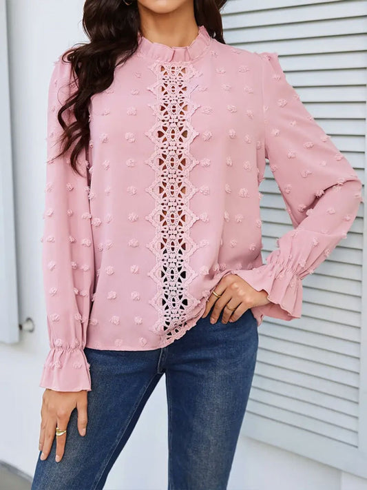 Swiss Dot Mock Neck Flounce Sleeve Blouse-TOPS / DRESSES-[Adult]-[Female]-Blush Pink-S-2022 Online Blue Zone Planet