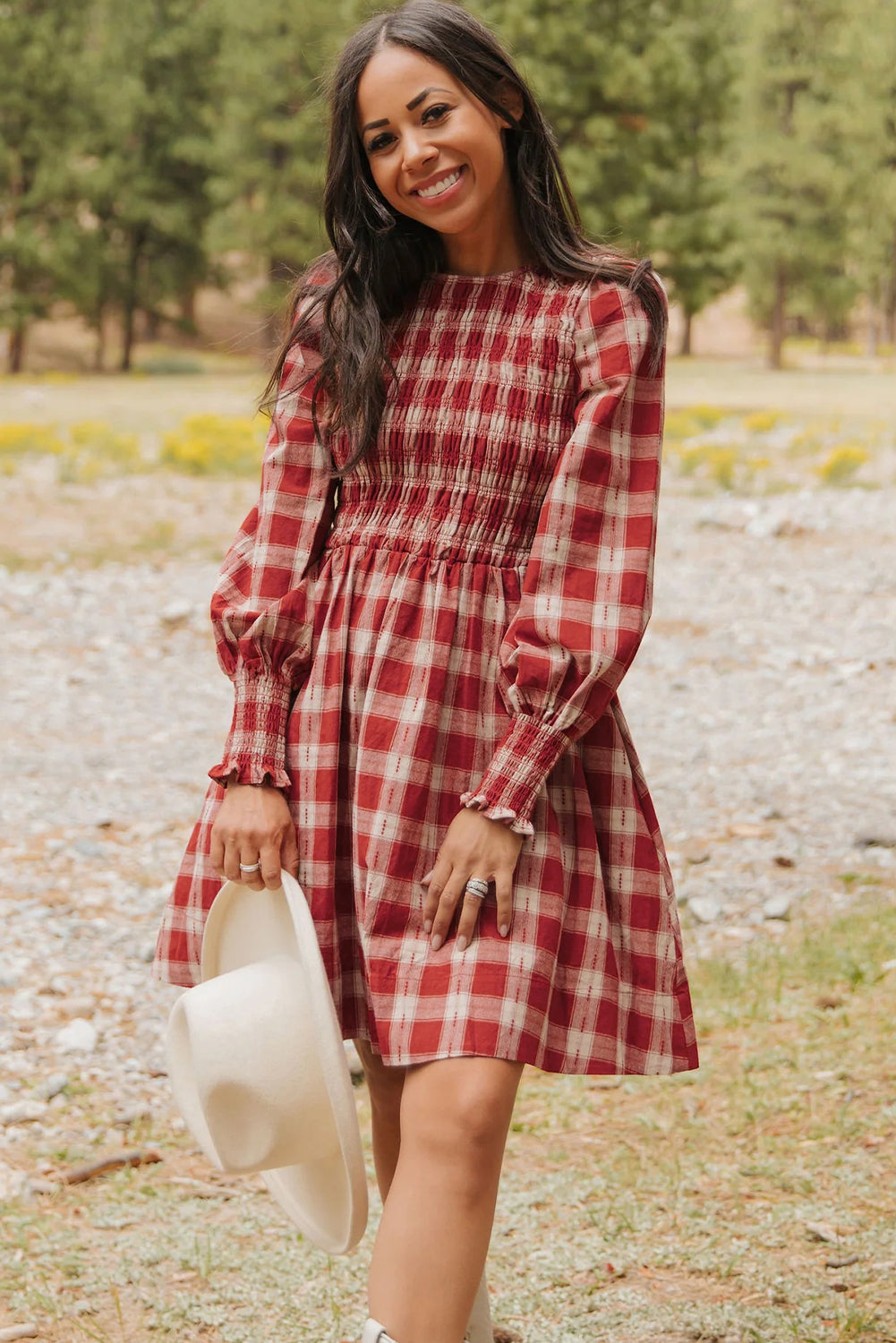 Red Plaid Print Smocked Puff Sleeve Mini Dress-TOPS / DRESSES-[Adult]-[Female]-2022 Online Blue Zone Planet