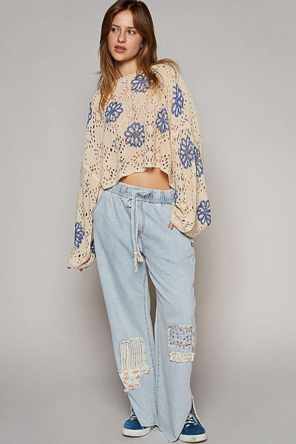 Beige Contrast Flower Print Eyelet Drop Shoulder Sweater-Sweaters & Cardigans/Sweaters-[Adult]-[Female]-2022 Online Blue Zone Planet