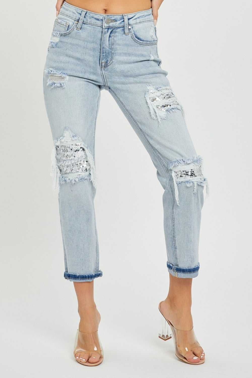 Blue Zone Planet | RISEN Mid-Rise Sequin Patched Jeans-TOPS / DRESSES-[Adult]-[Female]-2022 Online Blue Zone Planet