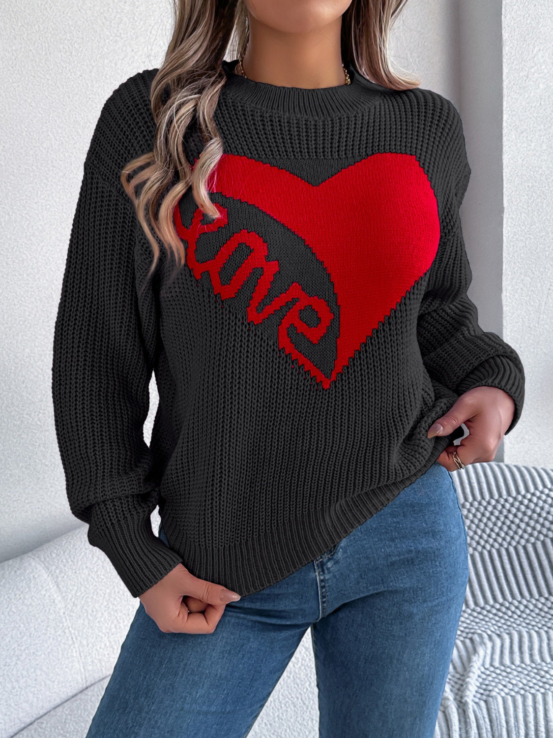 Blue Zone Planet | LOVE Heart Round Neck Dropped Shoulder Sweater-TOPS / DRESSES-[Adult]-[Female]-Black-S-2022 Online Blue Zone Planet