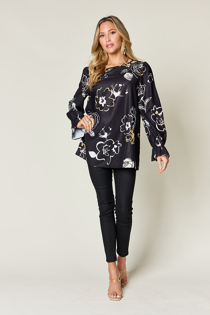 Blue Zone Planet | Double Take Full Size Printed Flounce Sleeve Blouse-TOPS / DRESSES-[Adult]-[Female]-2022 Online Blue Zone Planet