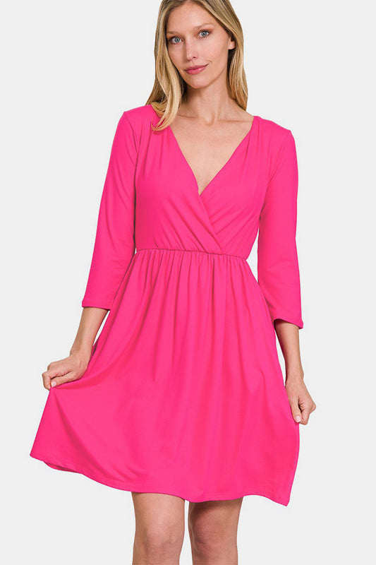 Zenana Three-Quarter Sleeve Surplice Dress with Pockets-TOPS / DRESSES-[Adult]-[Female]-Hot Pink-S-2022 Online Blue Zone Planet