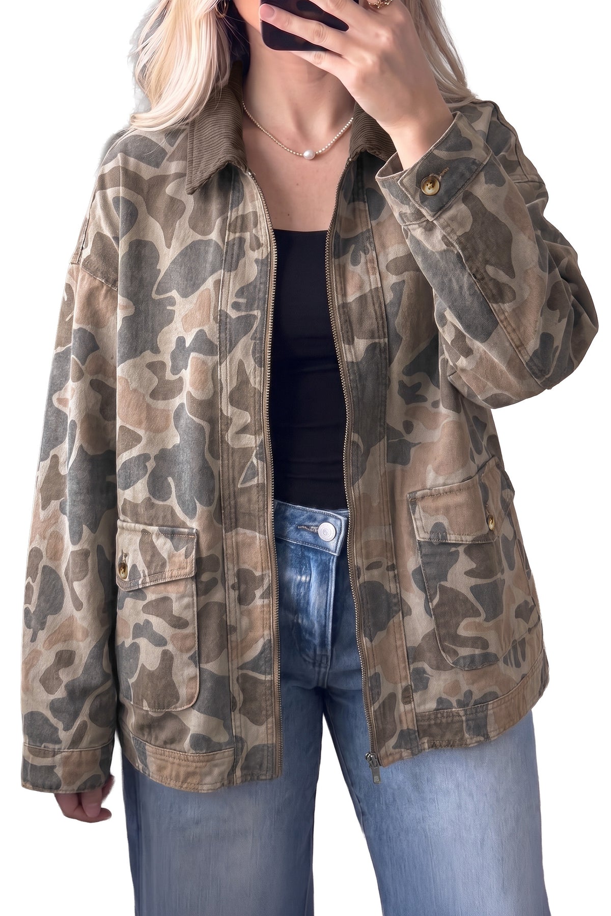 Multicolour Retro Camouflage Print Corduroy Contrast Collar Zip Denim Jacket-Outerwear/Denim jackets-[Adult]-[Female]-2022 Online Blue Zone Planet
