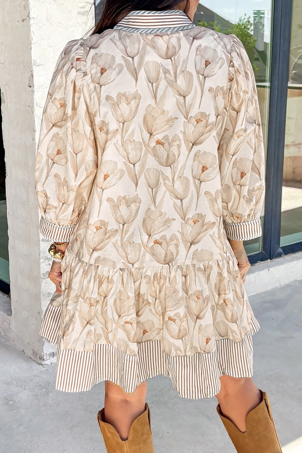 Floral Patchwork Striped Trim Button Down A Line Mini Dress - Sunny Angela Khaki / 1X Floral Patchwork Striped Trim Button Down A Line Mini Dress - Sunny Angela Khaki / 1X