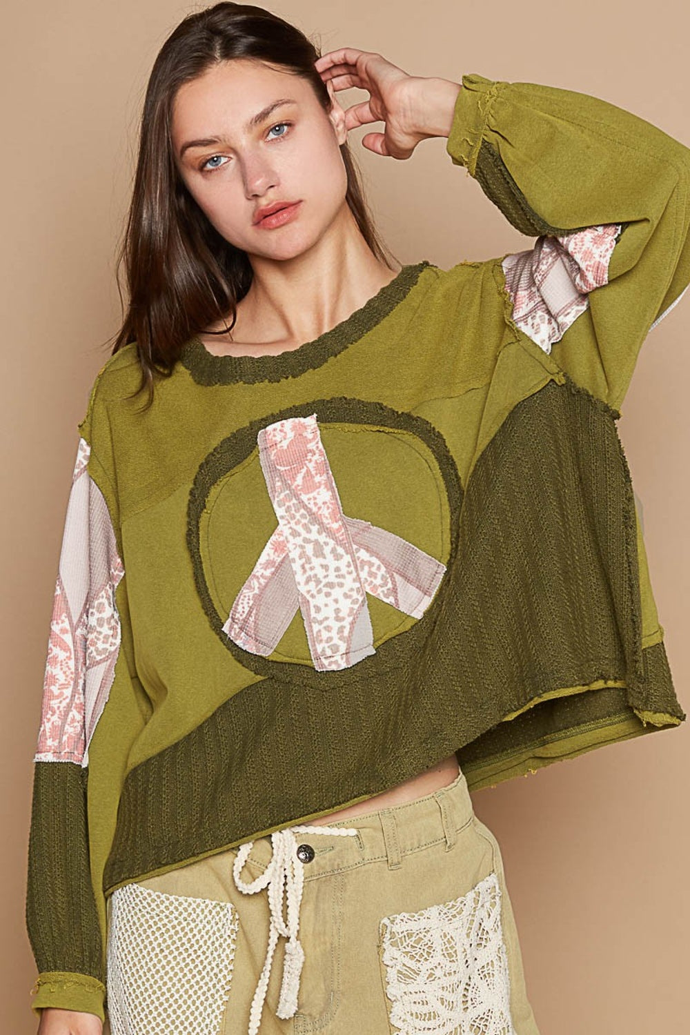 POL Long Sleeve Cut Sew Peace Emblem Top-TOPS / DRESSES-[Adult]-[Female]-Greenery-S-2022 Online Blue Zone Planet