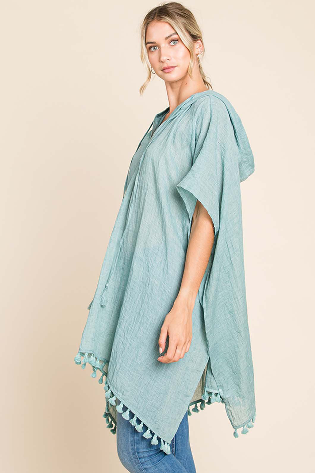 Blue Zone Planet | Cotton Bleu by Nu Label Tassel Hem Hooded Cover Up-Tops / Dresses-[Adult]-[Female]-2022 Online Blue Zone Planet