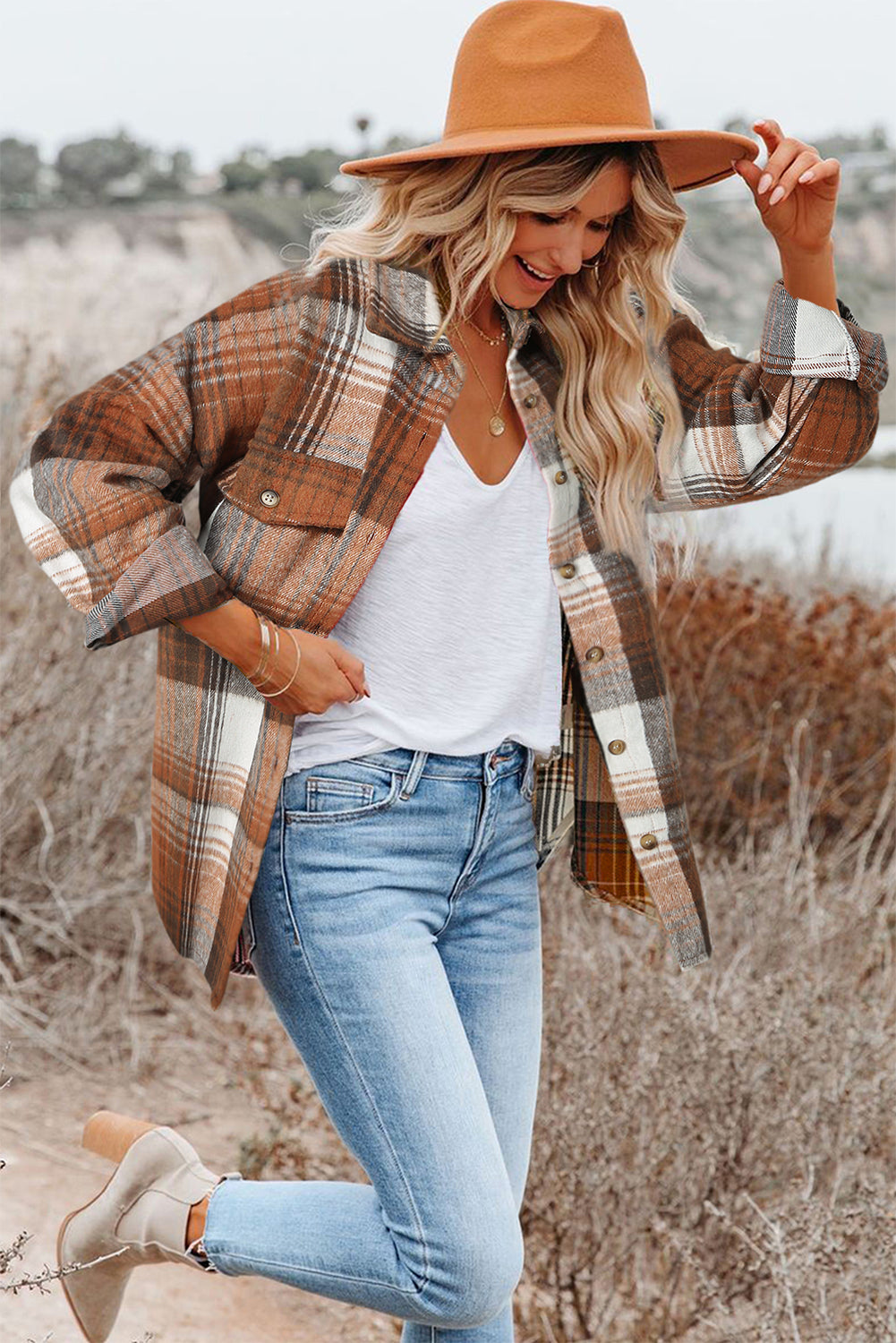 Brown Plaid Flap Pockets Shacket-Outerwear/Plaid Shackets-[Adult]-[Female]-2022 Online Blue Zone Planet