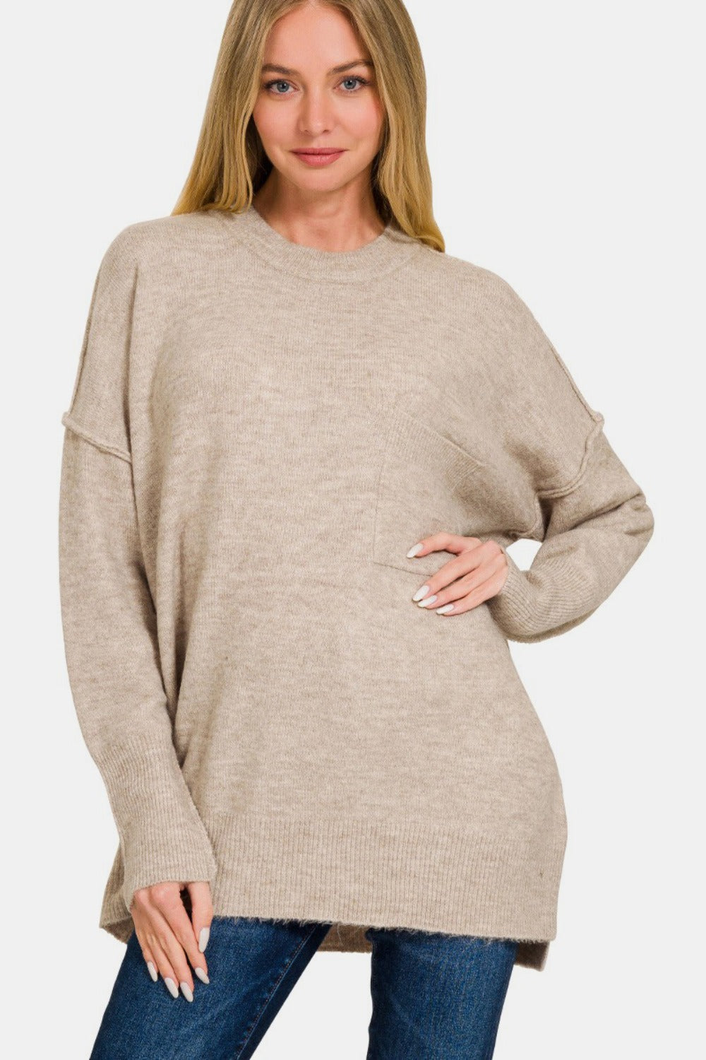 Blue Zone Planet | Zenana High-Low Hem Drop Shoulder Sweater-TOPS / DRESSES-[Adult]-[Female]-H Mocha-S/M-2022 Online Blue Zone Planet