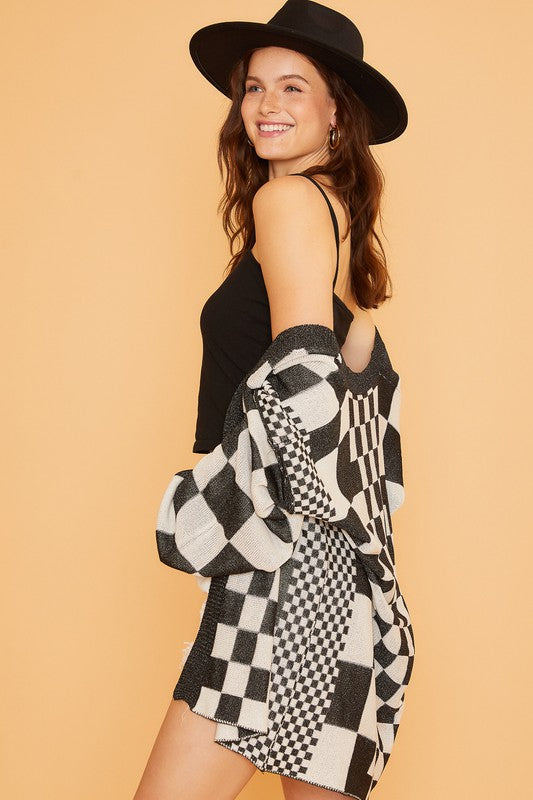 Annie Wear Checkered Open Front Drop Shoulder Cardigan-TOPS / DRESSES-[Adult]-[Female]-2022 Online Blue Zone Planet